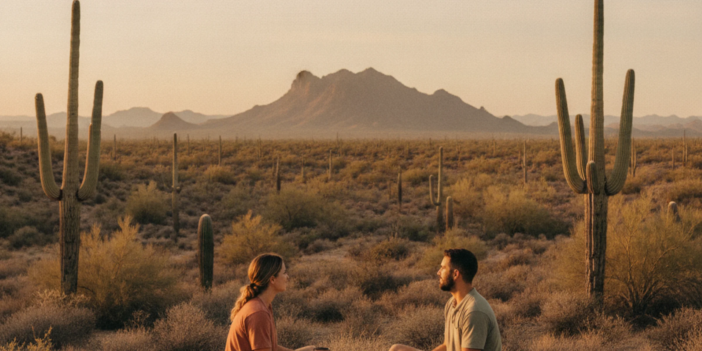 The Sonoran desert near Cave Creek at golden hour, saguaros against the foothills.