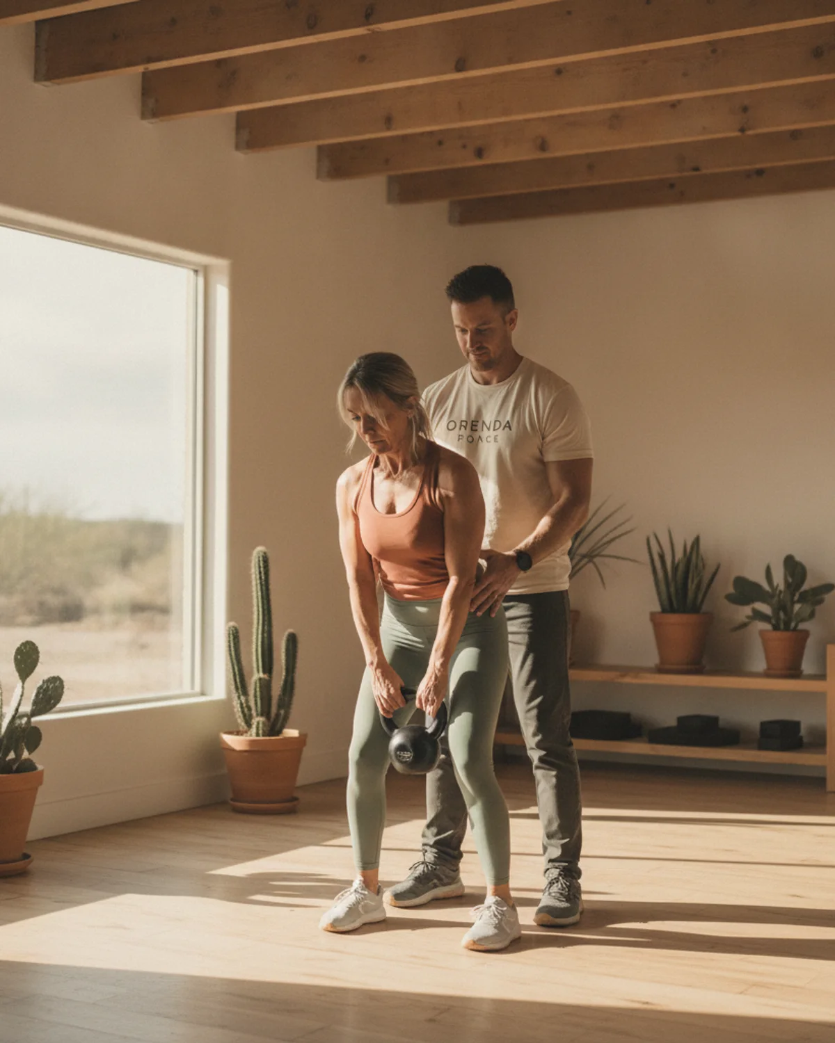 A trainer guiding a client through a strength movement in a sunlit studio.