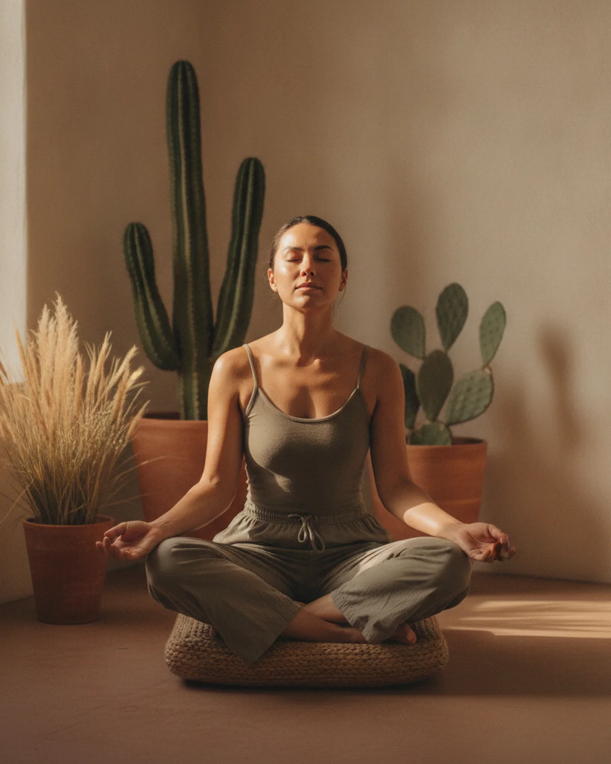 A person practicing breathwork in a quiet, sunlit room.