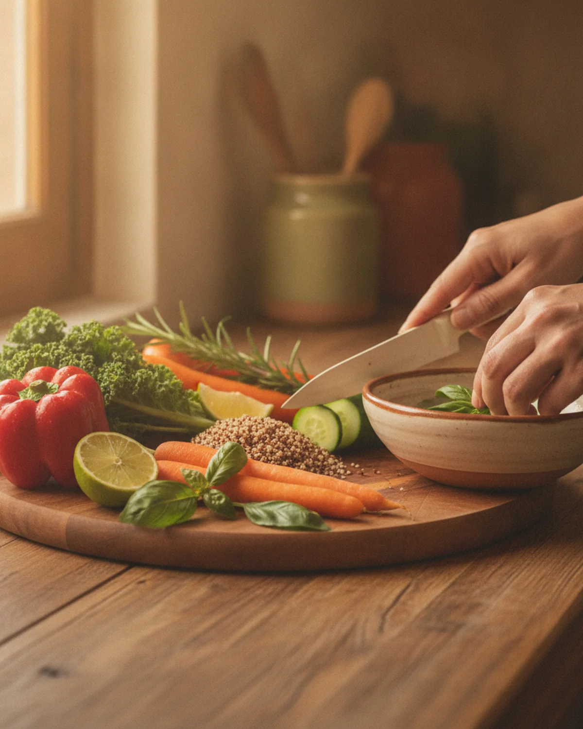 Hands preparing a colorful whole-food meal on a warm wooden counter.